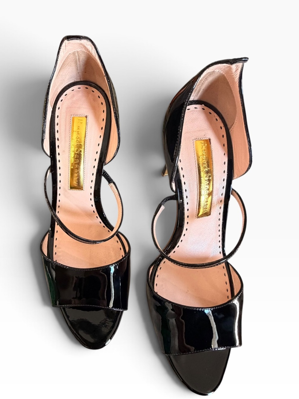 Rupert Sanderson Black Patent Leather Fedora d'Orsay Cross Strap Sandals 39.